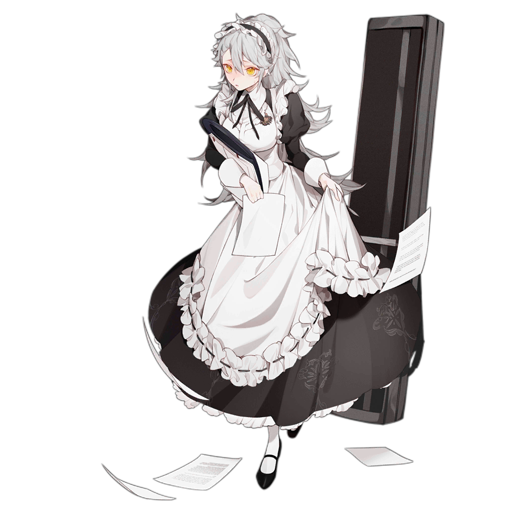 1girl ahoge alternate_costume alternate_hairstyle apron badge bangs black_ribbon blush breasts closed_mouth dress frilled_apron frills frown full_body gepard_m1_(girls_frontline) girls_frontline hair_between_eyes holding holding_paper juliet_sleeves km2o4 lifted_by_self long_dress long_hair long_sleeves looking_away maid maid_headdress mary_janes medium_breasts messy_hair mid-stride neck_ribbon official_art pale_skin pantyhose paper ponytail puffy_sleeves ribbon shoes sidelocks skirt_hold standing sweatdrop transparent_background very_long_hair weapon_case white_legwear