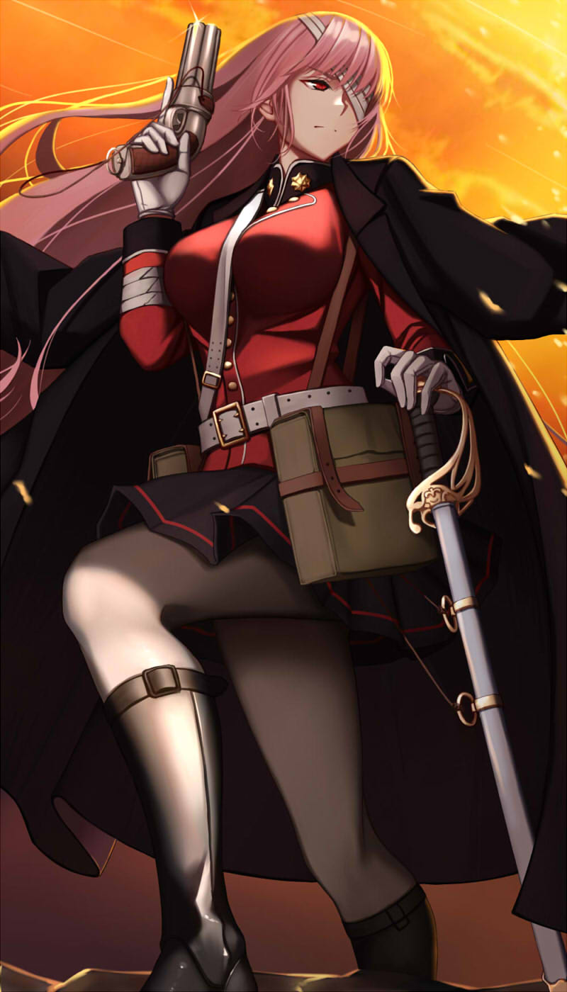 1girl antique_firearm bandage_over_one_eye belt black_coat black_skirt breasts dydydyok fate/grand_order fate_(series) firearm florence_nightingale_(fate/grand_order) gloves gun handgun highres holding holding_gun holding_weapon jacket jacket_on_shoulders large_breasts long_hair long_sleeves military military_jacket military_uniform miniskirt multiple_barrel_gun pantyhose pink_hair pistol pleated_skirt red_eyes red_jacket scabbard sheath sheathed skirt solo sword uniform weapon white_belt white_gloves white_legwear