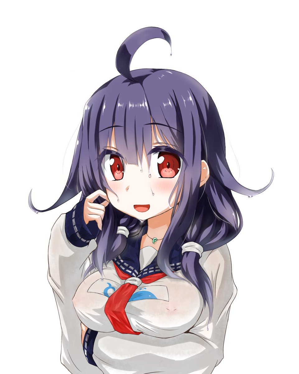 1girl ahoge animal_print breasts fish_print hair_flaps highres kantai_collection koda large_breasts long_hair looking_at_viewer low_twintails neckerchief purple_hair red_eyes red_neckwear school_uniform serafuku simple_background smile solo sweat taigei_(kantai_collection) twintails upper_body whale_print white_background