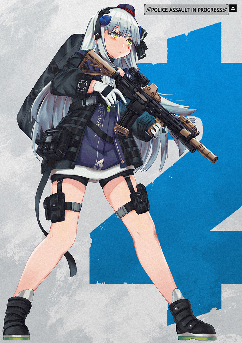 1girl ankle_boots assault_rifle background_text backpack bag bangs blue_background blunt_bangs blush boots breasts dress english_text expressionless eyebrows_visible_through_hair facial_mark full_body girls_frontline gloves green_eyes grey_background gun h&amp;k_hk416 hair_ornament hand_on_hip headset heckler_&amp;_koch highres hk416_(girls_frontline) holding holding_gun holding_weapon jacket long_hair medium_breasts mod3_(girls_frontline) multicolored multicolored_background name_tag open_clothes open_jacket persocon93 rifle sidelocks silver_hair snap-fit_buckle solo trigger_discipline twitter_username very_long_hair weapon