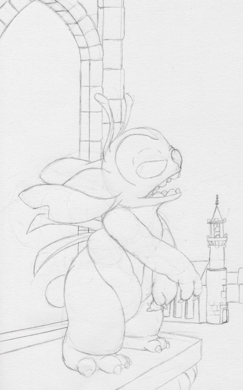 2010 4_arms 4_toes alien antennae_(anatomy) back_spines building church claws disney empty_eyes experiment_(lilo_and_stitch) graphite_(artwork) hand_over_crotch hi_res lilo_and_stitch multi_arm multi_limb notched_ear open_mouth pencil_(artwork) petrock sketch small_tail solo standing stitch_(lilo_and_stitch) toe_claws toes traditional_media_(artwork)
