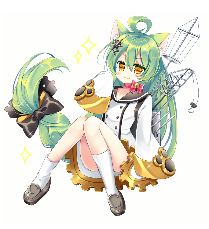 1girl :3 ahoge akashi_(azur_lane) animal_ear_fluff animal_ears azur_lane bangs bell black_bow black_sailor_collar bow braid brown_eyes cat_ears choker closed_mouth commentary_request crane dress eyebrows_visible_through_hair full_body green_hair grey_footwear hair_between_eyes hair_bow hair_ornament jingle_bell kneehighs loafers long_hair long_sleeves looking_at_viewer red_bow red_choker ribbon_choker sailor_collar shikito shoes simple_background sleeves_past_fingers sleeves_past_wrists solo very_long_hair white_background white_dress white_legwear