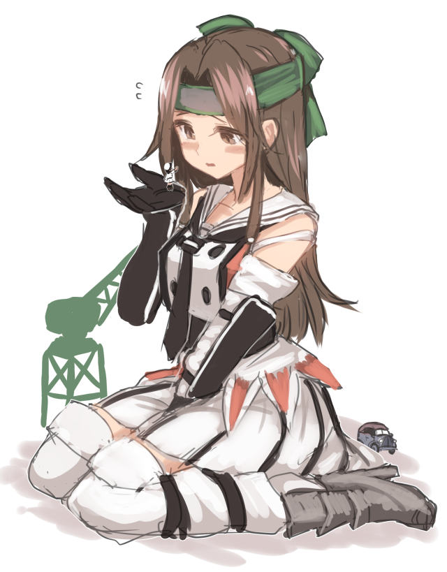 2girls brown_eyes brown_hair car crane detached_sleeves elbow_gloves female_admiral_(kantai_collection) forehead_protector giantess gloves ground_vehicle hair_intakes half_updo headband jintsuu_(kantai_collection) kantai_collection long_hair motor_vehicle multiple_girls pleated_skirt remodel_(kantai_collection) school_uniform serafuku silhouette simple_background sitting skirt sleeveless thighhighs utopia wariza white_background white_legwear white_skirt