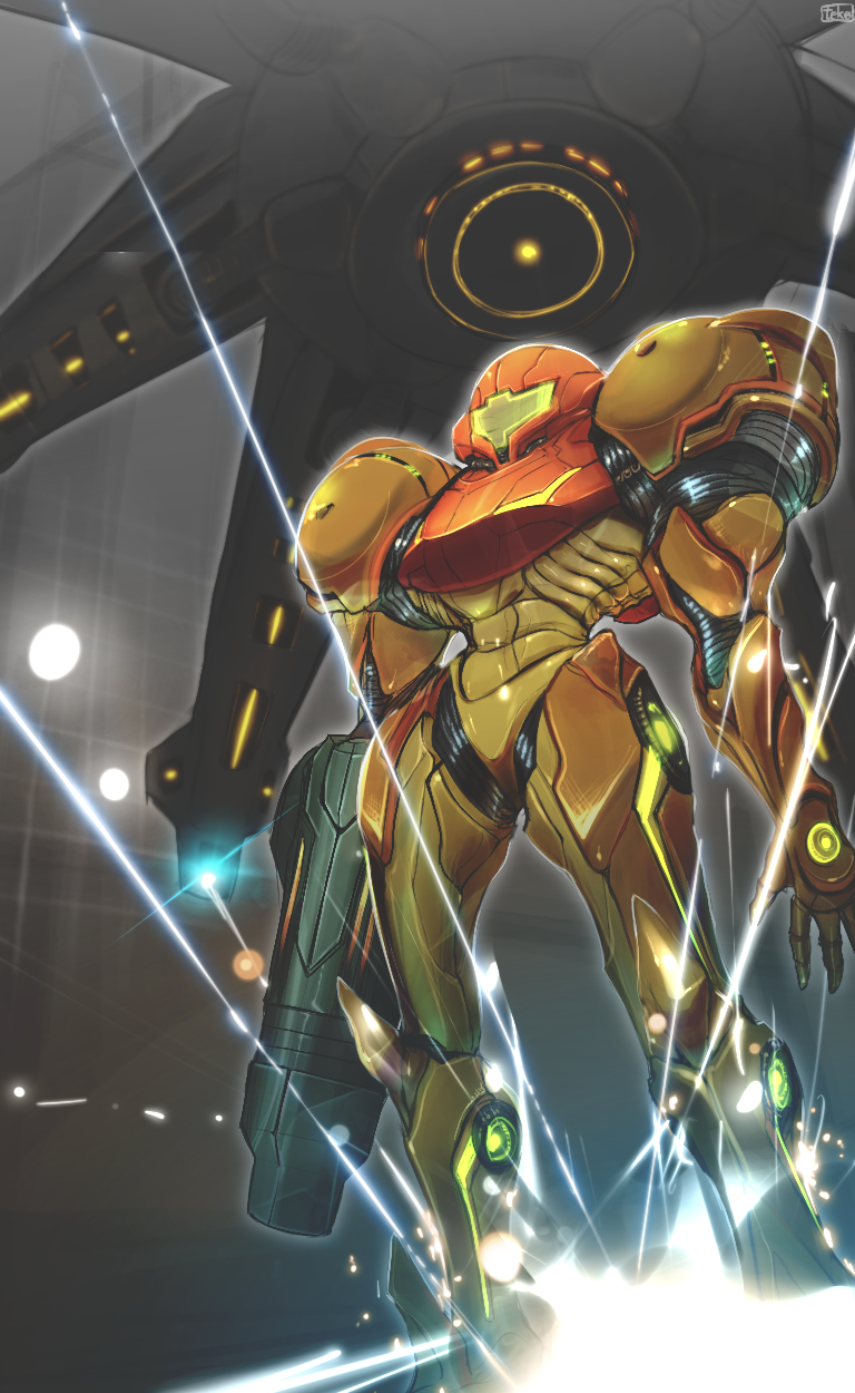 1girl arm_cannon armor armored_boots arms_at_sides boots breastplate closed_eyes feet_out_of_frame full_armor gauntlets greaves helm helmet highres laser light metroid metroid_prime pauldrons power_armor samus_aran shoulder_pads solo standing teke varia_suit visor_(armor) weapon