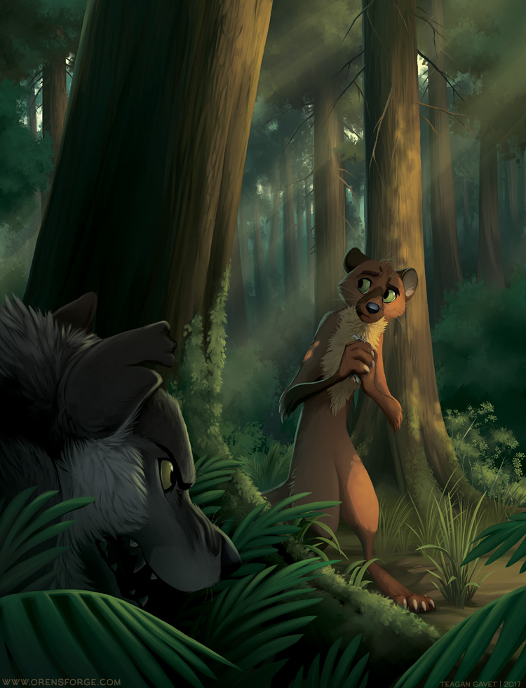 2017 anthro black_body black_fur black_nose blackteagan brown_body brown_fur canid canine canis chest_tuft detailed detailed_background fangs featureless_crotch forest fur grass green_eyes grey_body grey_fur group head_tuft holding_object light lighting mammal marten moss mustelid musteline notched_ear nude oren's_forge outside pine_marten plant rask_(oren's_forge) sunbeam sunlight teeth text tree tuft url whiskers wolf