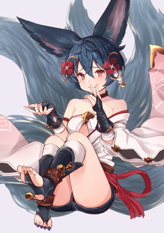 1girl animal_ears blue_hair erune fox_ears fox_girl fox_tail granblue_fantasy hair_between_eyes hair_ornament keima_ron large_tail multiple_tails navel off_shoulder red_eyes short_hair smile tail you_(granblue_fantasy)