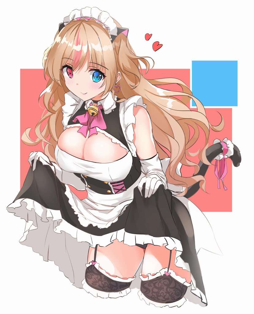 1girl animal_ears apron bell bell_collar black_panties blonde_hair cat_ears collar fatkewell garter_straps girls_frontline heart heterochromia long_hair maid maid_apron maid_headdress mk23_(girls_frontline) multicolored_hair panties ribbon skirt skirt_lift tail tail_raised tail_ribbon thighhighs two-tone_hair underwear