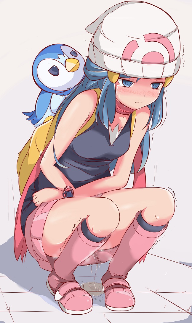 1girl backpack bag bare_shoulders beanie between_legs black_legwear black_shirt blank_eyes blue_eyes blue_hair blush boots breasts closed_mouth commentary_request crying embarrassed full_body gen_4_pokemon grey_background hair_ornament hairclip half-closed_eyes hand_between_legs hat have_to_pee hikari_(pokemon) knee_boots kneehighs long_hair miniskirt muroi_(fujisan0410) nose_blush peeing peeing_self pink_footwear pink_skirt piplup poke_ball_symbol poke_ball_theme pokemon pokemon_(creature) pokemon_(game) pokemon_dppt puddle red_scarf scarf shiny shiny_skin shirt simple_background skirt sleeveless sleeveless_shirt small_breasts solo_focus squatting steam sweat tears tied_hair trembling watch wavy_mouth wet wet_clothes white_headwear wristwatch