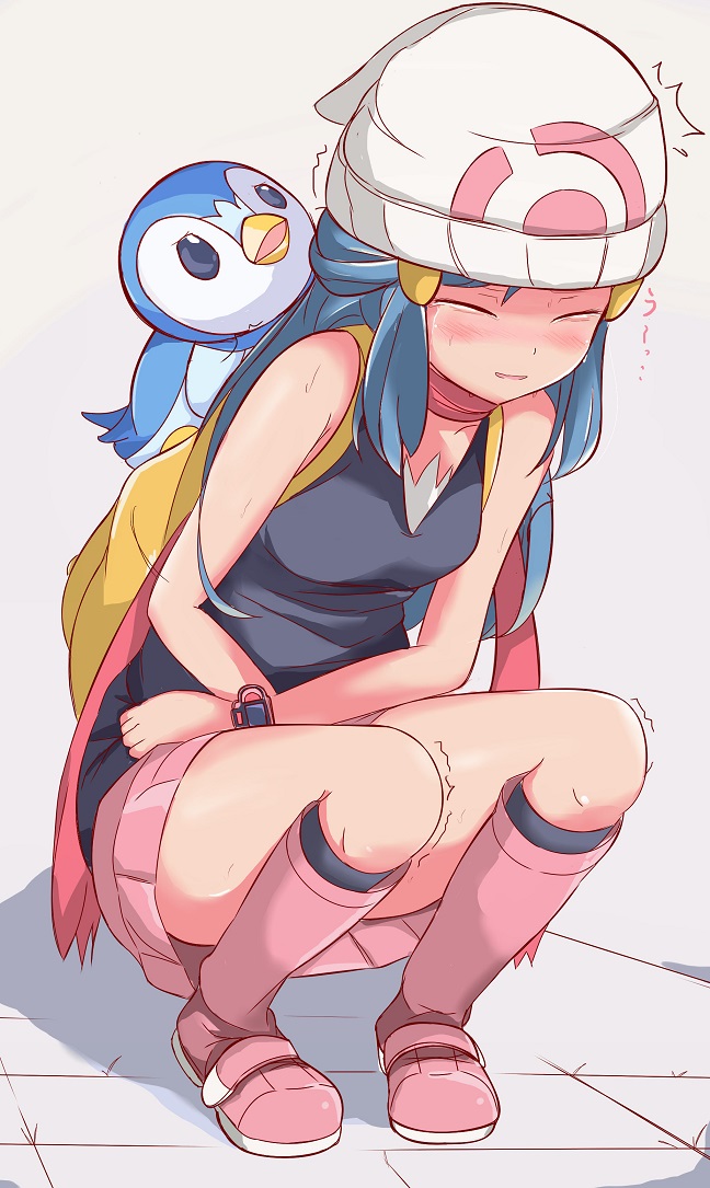 1girl backpack bag bare_shoulders beanie between_legs black_legwear black_shirt blank_eyes blue_eyes blue_hair blush boots breasts commentary_request crying embarrassed full_body gen_4_pokemon grey_background hair_ornament hairclip hand_between_legs hat have_to_pee hikari_(pokemon) knee_boots kneehighs long_hair miniskirt muroi_(fujisan0410) nose_blush open_mouth pink_footwear pink_skirt piplup poke_ball_symbol poke_ball_theme pokemon pokemon_(creature) pokemon_(game) pokemon_dppt red_scarf scarf shiny shiny_skin shirt simple_background skirt sleeveless sleeveless_shirt small_breasts solo_focus squatting surprise_lines sweat tears tied_hair translation_request trembling watch white_headwear wristwatch