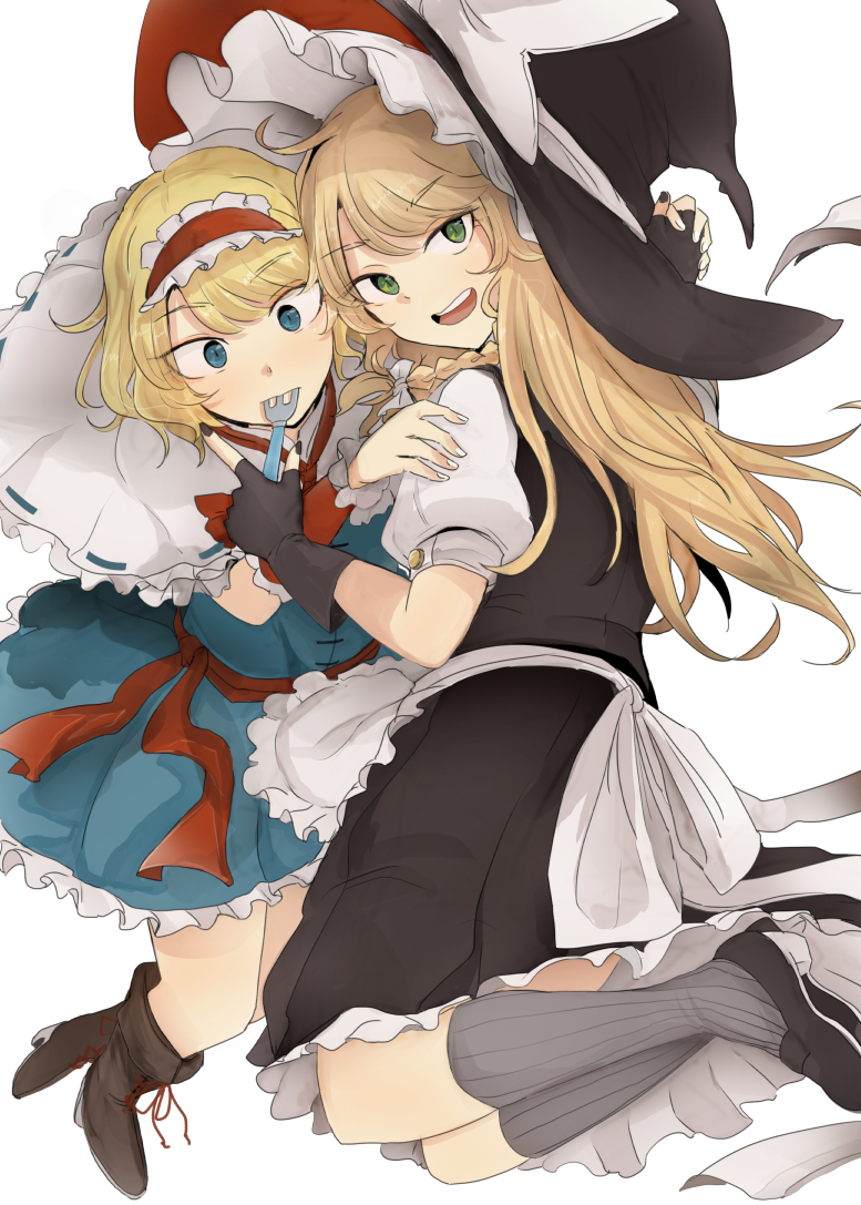 2girls alice_margatroid apron bangs black_footwear black_gloves black_headwear black_nails black_skirt black_vest blonde_hair blue_dress blue_eyes blush boots bow braid capelet commentary_request dress eyebrows_visible_through_hair fingerless_gloves fork fork_in_mouth frilled_capelet frilled_dress frilled_hairband frills full_body gloves green_eyes grey_legwear hairband hat hat_bow holding holding_fork holding_hands hug interlocked_fingers kirisame_marisa loafers lolita_hairband long_hair looking_at_viewer looking_back multiple_girls nail_polish ne_kuro open_mouth petticoat puffy_short_sleeves puffy_sleeves red_hairband red_neckwear red_ribbon ribbon sash shoes short_hair short_sleeves simple_background single_braid skirt striped striped_legwear surprised swept_bangs touhou vertical-striped_legwear vertical_stripes vest waist_apron white_background white_bow white_nails witch_hat wrist_cuffs yuri