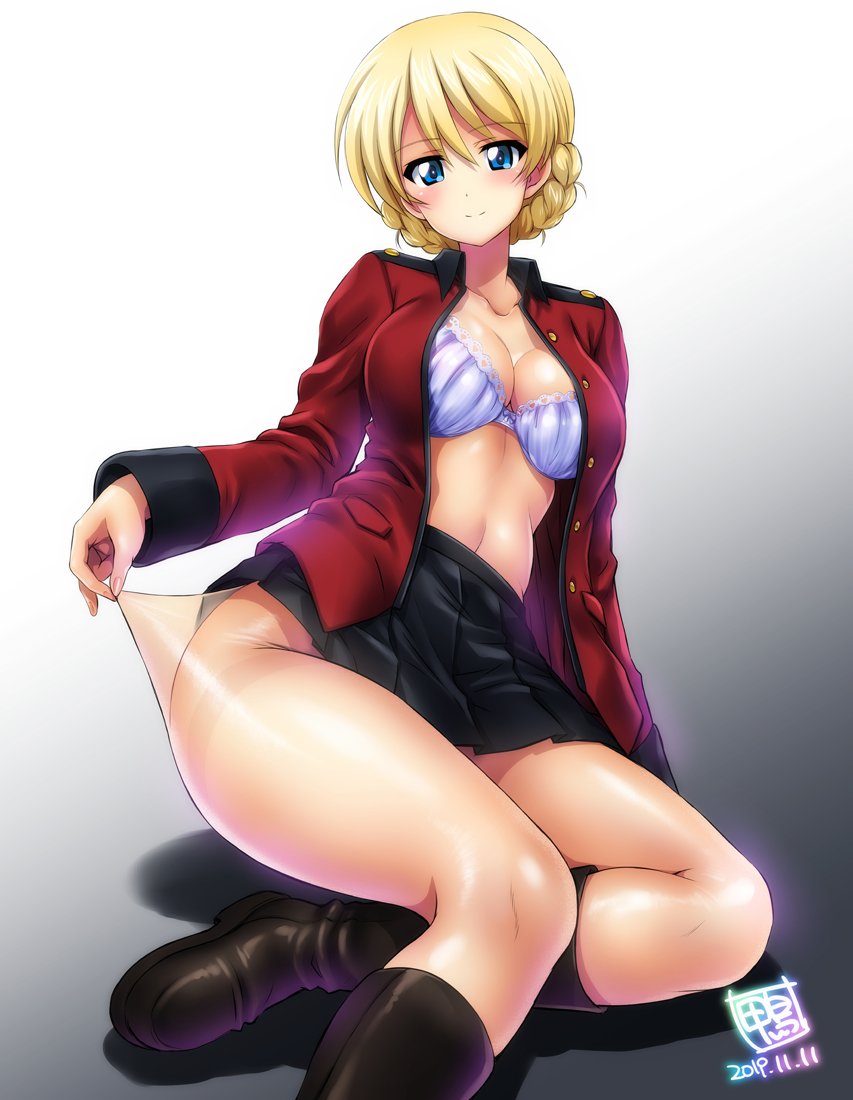 1girl bangs black_skirt blonde_hair blue_eyes blush bow bow_bra bra braid breasts cleavage collarbone darjeeling dated eyebrows_visible_through_hair french_braid girls_und_panzer gradient gradient_background grey_background hair_between_eyes jacket kamogawa_tanuki lace lace-trimmed_bra large_breasts long_sleeves looking_at_viewer navel open_clothes open_jacket pantyhose pantyhose_tug pleated_skirt red_jacket sheer_legwear shiny shiny_clothes short_hair signature skirt smile solo st._gloriana's_military_uniform unbuttoned underwear white_background white_bra