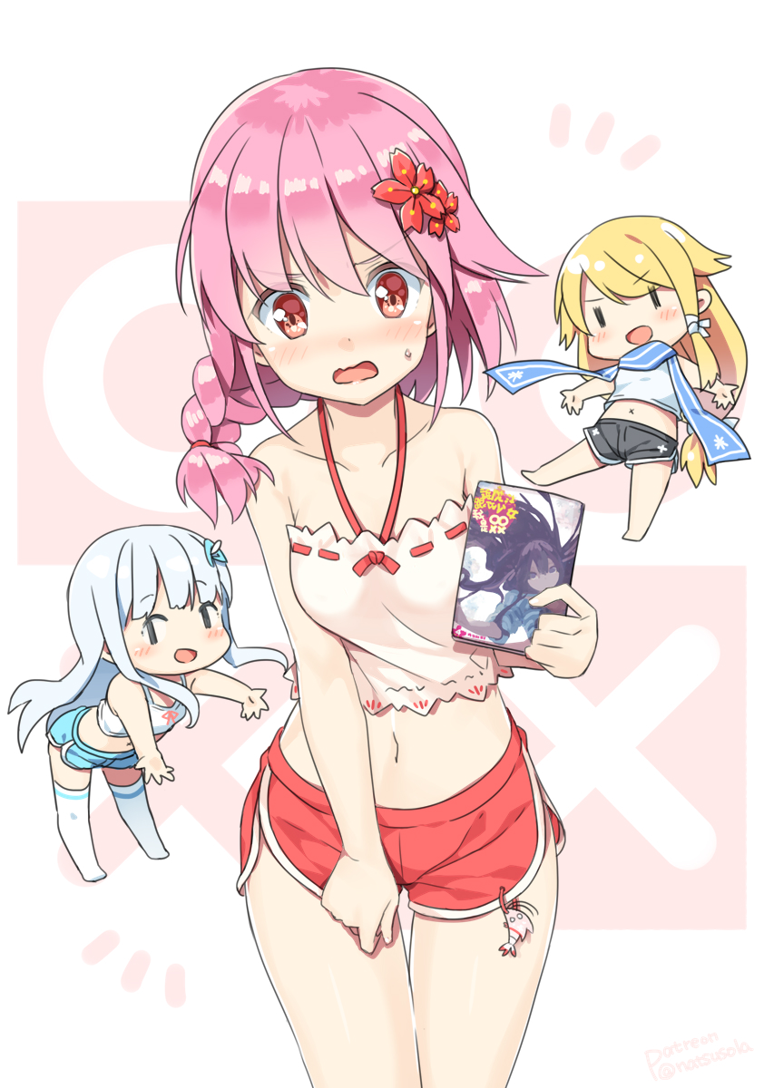 3girls :d bare_arms bare_shoulders barefoot black_shorts blonde_hair blue_scarf blue_shorts blush braid camisole character_request chibi chinese_commentary commentary_request flower hair_flower hair_ornament halter_top halterneck hatsunatsu highres holding long_hair midriff minigirl multiple_girls navel notice_lines open_mouth pink_hair red_eyes red_flower red_shorts scarf sergestid_shrimp_in_tungkang short_shorts shorts silver_hair smile sweat thighhighs very_long_hair wavy_mouth white_camisole white_legwear xuan_ying ||_||