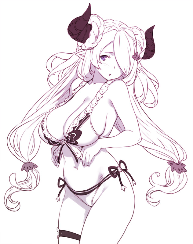 1girl blush braid breasts cleavage draph granblue_fantasy hair_ornament hair_over_one_eye horns houtengeki large_breasts long_hair looking_at_viewer low_tied_hair monochrome narmaya_(granblue_fantasy) navel pointy_ears purple_eyes simple_background solo spot_color standing thigh_strap twin_braids very_long_hair white_background