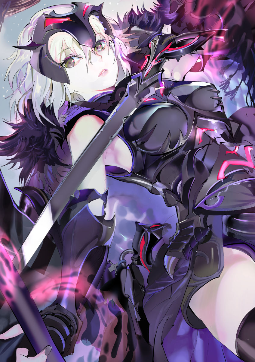 119 1girl armor armored_dress black_dress black_legwear black_nails breasts brown_eyes dress dutch_angle fate/grand_order fate_(series) hair_between_eyes headpiece highres holding holding_sword holding_weapon jeanne_d'arc_(alter)_(fate) jeanne_d'arc_(fate)_(all) looking_at_viewer medium_breasts nail_polish parted_lips pixiv_fate/grand_order_contest_2 short_hair silver_hair sleeveless sleeveless_dress solo sword thighhighs weapon