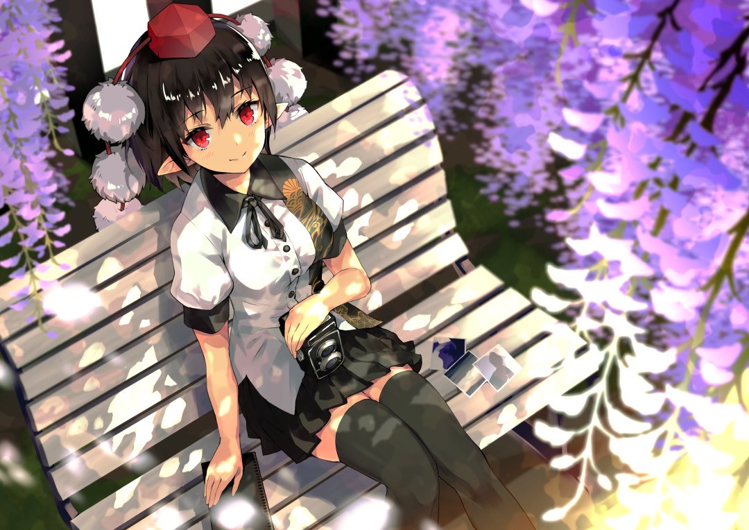 1girl arm_support bangs bench black_hair black_legwear black_neckwear black_ribbon black_skirt breasts camera commentary_request eyebrows_visible_through_hair feet_out_of_frame flower hair_between_eyes hat looking_at_viewer medium_breasts miniskirt neck_ribbon notebook nuqura outdoors pleated_skirt pom_pom_(clothes) puffy_short_sleeves puffy_sleeves purple_flower red_eyes ribbon shameimaru_aya shirt short_hair short_sleeves sitting skirt smile solo thighhighs thighs tokin_hat touhou white_shirt zettai_ryouiki