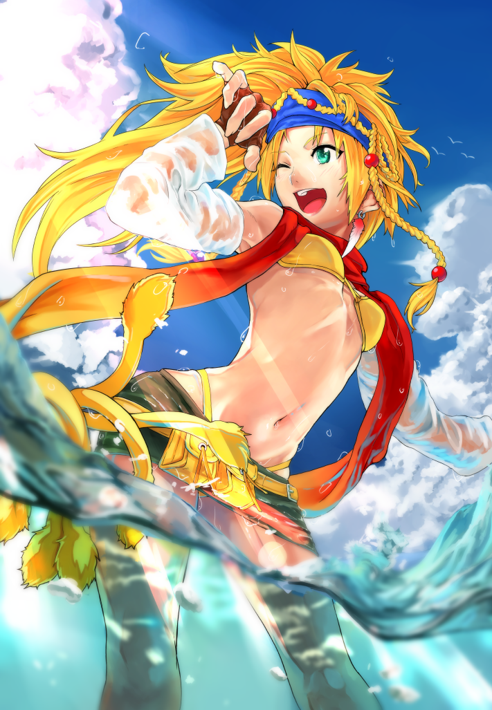 1girl bandana bikini bikini_top bird blonde_hair blue_bandana blue_sky bokkusu braid breasts brown_gloves cloud detached_sleeves eyebrows_visible_through_hair final_fantasy final_fantasy_x final_fantasy_x-2 fingerless_gloves gloves green_eyes light_rays looking_at_viewer miniskirt navel one_eye_closed open_mouth partially_submerged rikku scarf seagull skirt sky small_breasts smile solo standing stomach sunlight swimsuit thong_bikini upskirt water wet wet_clothes yellow_bikini_top