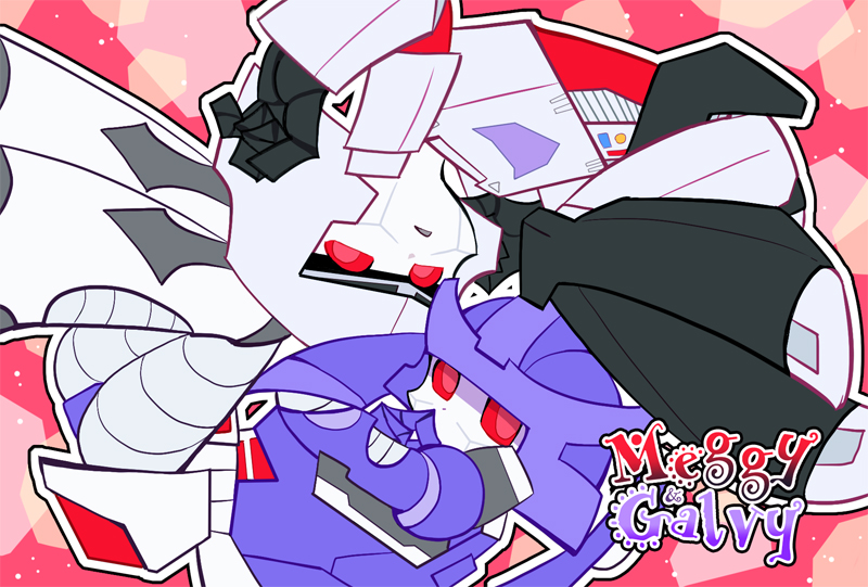 2015 alien cybertronian decepticon digital_media_(artwork) duo english_text frown galvatron grey_body horn humanoid kanon_(artist) living_machine machine male megatron not_furry open_mouth panty_and_stocking_with_garterbelt parody purple_body red_background red_eyes robot simple_background text transformers unicronian