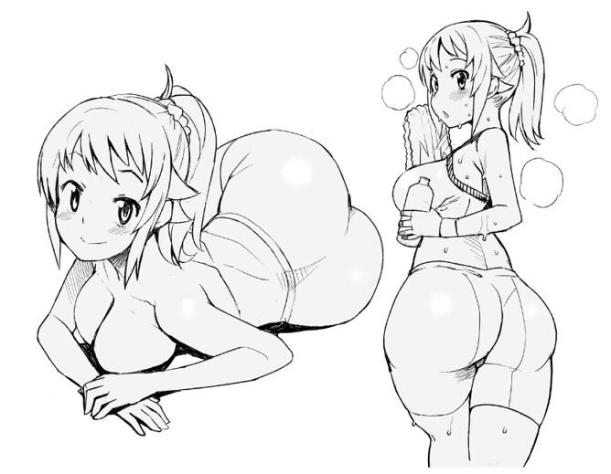 1girl ass bike_shorts breasts check_commentary cleavage closed_mouth commentary_request gundam gundam_build_fighters gundam_build_fighters_try hoshino_fumina large_breasts looking_at_viewer medium_hair monochrome open_mouth simple_background smile solo sports_bra tamagoroo_(funifuni_labo) white_background