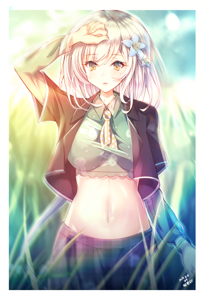 1girl border breasts crop_top cropped_jacket grey_hair hand_on_own_chest jiaxi_daze large_breasts long_hair midriff navel open_mouth original solo white_border