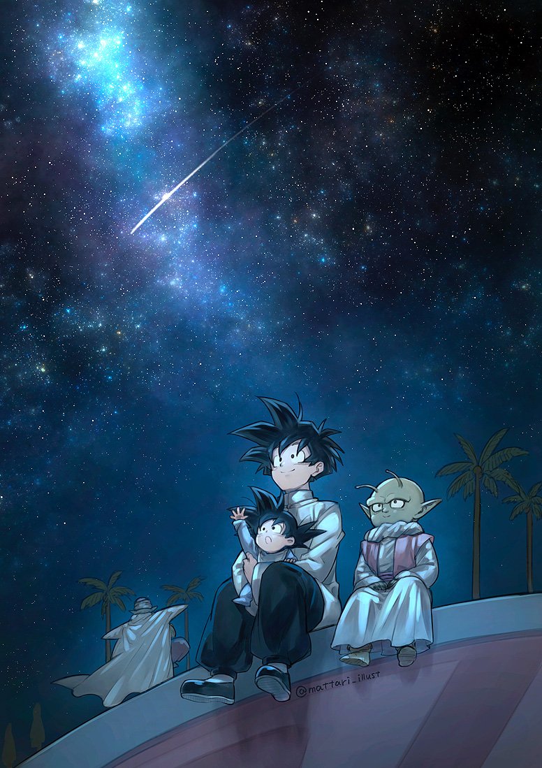 4boys :o antennae baby black_eyes black_footwear black_hair black_pants brothers cape chinese_clothes closed_mouth crossed_legs dende dragon_ball dragon_ball_z facing_away floating green_skin hands_on_lap happy kami's_lookout looking_up male_focus mattari_illust multiple_boys nebula night night_sky open_mouth outdoors outstretched_hand palm_tree pants piccolo pointy_ears shadow shirt shooting_star siblings sitting sitting_on_lap sitting_on_person sky smile son_gohan son_goten spiked_hair star_(sky) starry_sky surprised tree tunic turban twitter_username waistcoat white_shirt