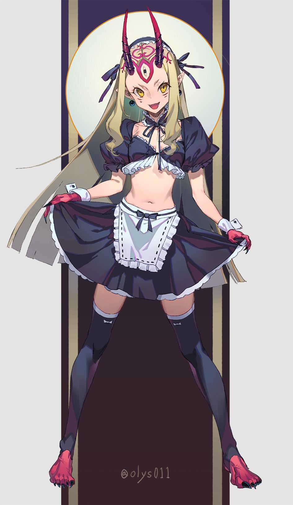 1boy :d alternate_costume apron barefoot black_legwear black_nails black_ribbon breasts collarbone commentary crop_top earrings enmaided facial_mark fangs fate/grand_order fate_(series) fingernails frills greyscale hair_ribbon highres ibaraki_douji_(fate/grand_order) jewelry legs_apart long_fingernails maid monochrome navel olys oni_horns open_mouth pointy_ears puffy_short_sleeves puffy_sleeves red_skin ribbon sharp_fingernails short_sleeves sidelocks skin_fangs skirt_hold small_breasts smile solo standing stirrup_legwear stomach thighhighs toeless_legwear twitter_username waist_apron whisker_markings white_apron wrist_cuffs zettai_ryouiki