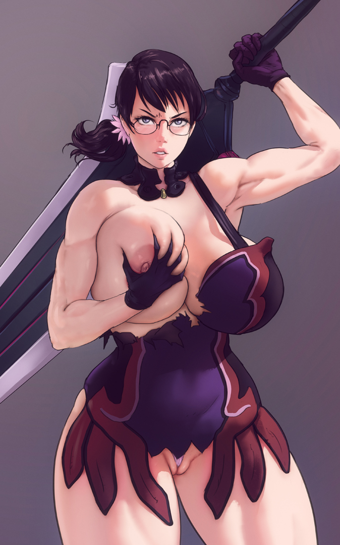 1girl bangs blue_eyes breast_grab breasts brown_hair cattleya curvy dress english_commentary glasses gloves grabbing huge_breasts huge_weapon kupocun looking_at_viewer mature muscle muscular_female nipples parted_lips pink_lips purple_dress purple_gloves queen's_blade standing sword thick_thighs thighs weapon