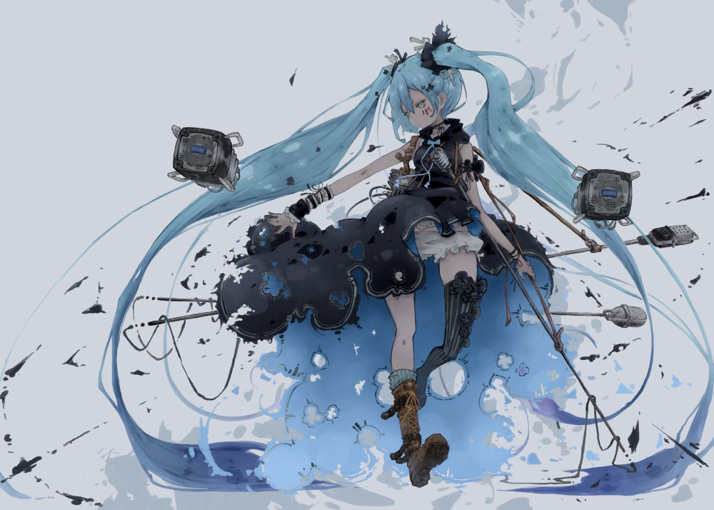 aqua_eyes aqua_hair black_dress black_legwear boots detached_sleeves dress hatsune_miku kona_(konahana) microphone necktie skirt sleeveless thigh_boots thighhighs twintails vocaloid