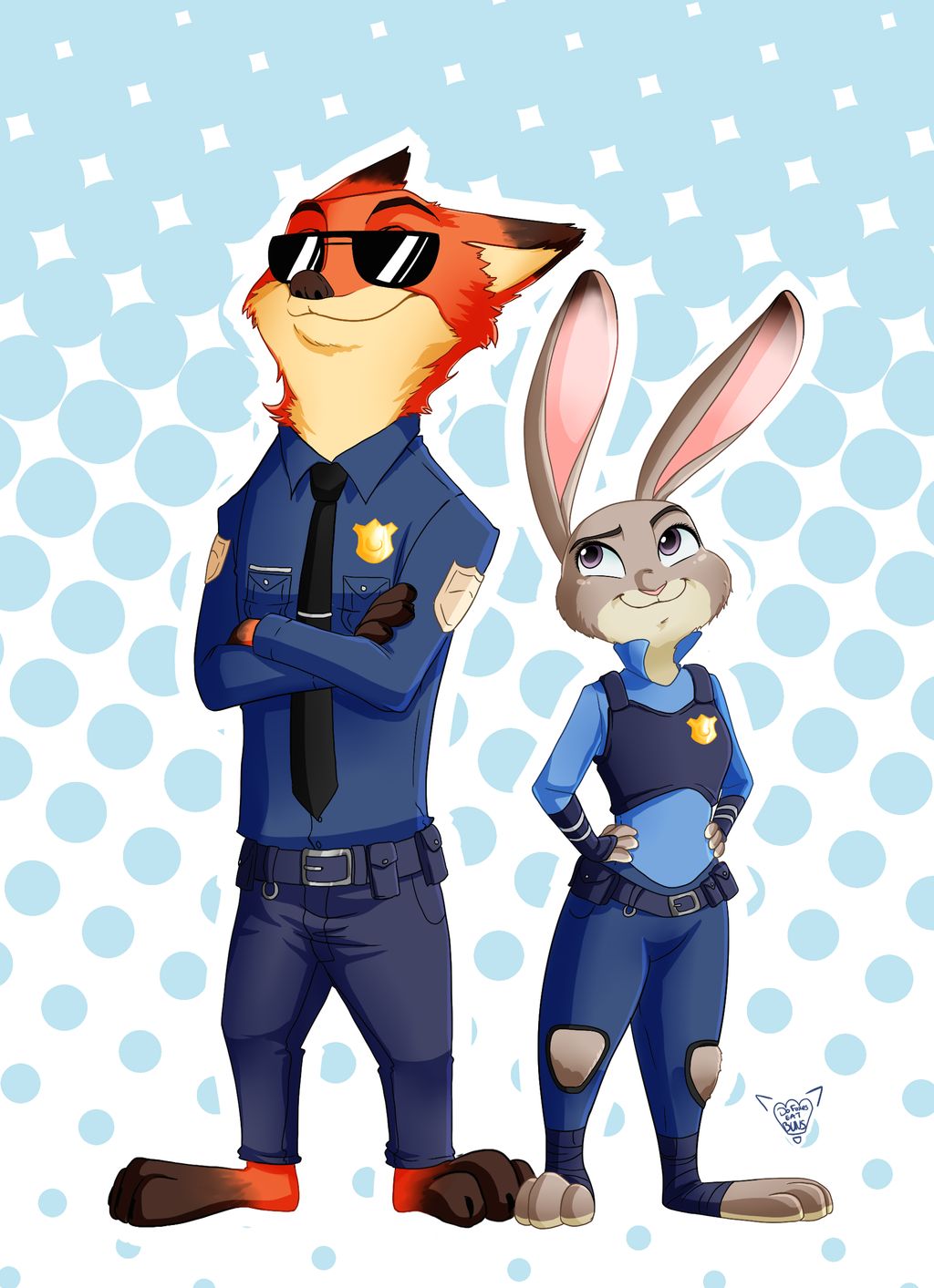 abstract_background anthro barefoot blue_background bottomwear canid canine cheek_tuft clothed clothing crossed_arms dipstick_ears disney duo eyewear face_tuft fox fully_clothed fur hands_on_hips hi_res judy_hopps lagomorph leg_markings leporid looking_at_another mammal markings minouze multicolored_ears neck_tuft necktie nick_wilde orange_body orange_fur pants pink_nose purple_eyes rabbit red_fox shirt simple_background smile socks_(marking) standing sunglasses tan_body tan_fur toeless_legwear topwear tuft zootopia