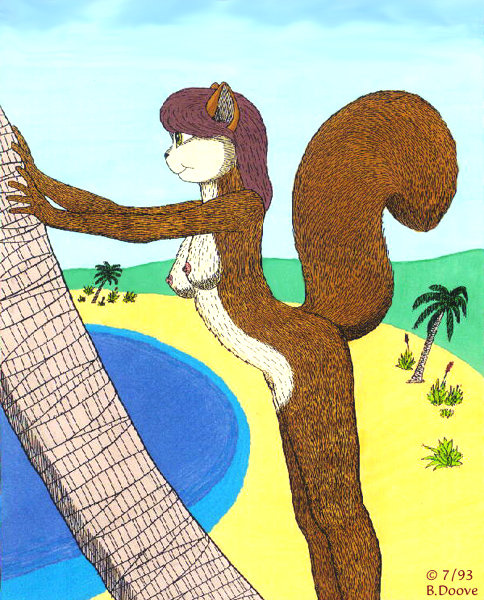 1993 anthro bernard_doove breasts brown_body brown_fur female fur hair mammal nipples nude palm_tree red_hair rodent sciurid solo tree tree_squirrel