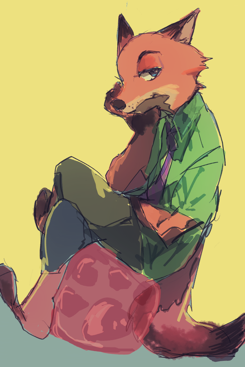 anthro barefoot bi-koo bottomwear canid canine cheek_tuft clothed clothing dipstick_ears disney face_tuft fox fully_clothed fur gloves_9marking) hi_res light lighting looking_at_viewer mammal multicolored_ears necktie nick_wilde orange_body orange_fur pants red_fox shirt simple_background sitting solo topwear tuft yellow_background zootopia