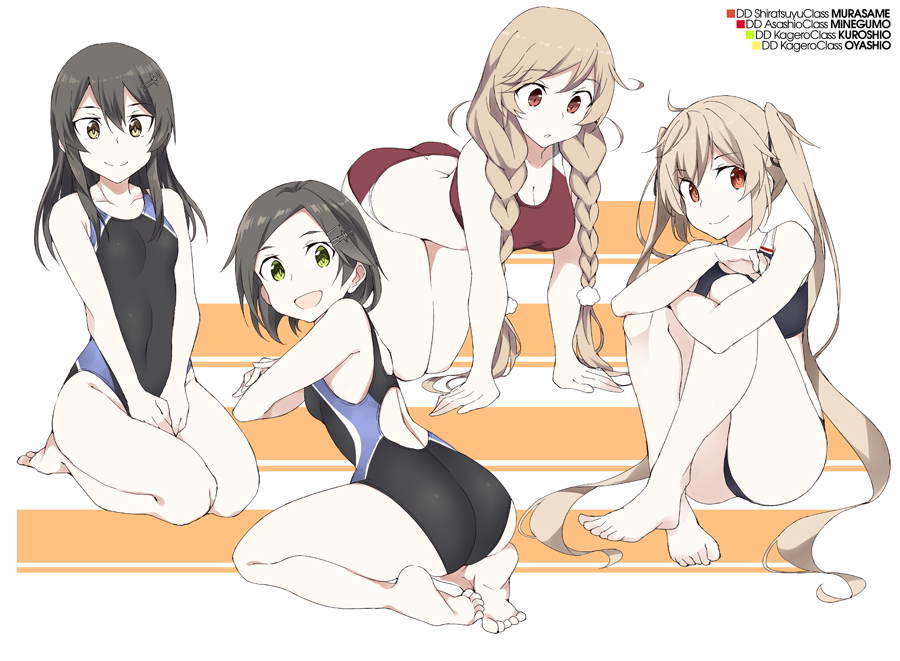 4girls all_fours ass barefoot bikini black_bikini black_hair black_swimsuit braid breasts brown_bikini brown_eyes character_name cleavage cloud_hair_ornament competition_swimsuit full_body gradient_hair green_eyes hair_ornament hairclip kantai_collection kuroshio_(kantai_collection) light_brown_hair long_hair medium_breasts minegumo_(kantai_collection) multicolored_hair multiple_girls murasame_(kantai_collection) one-piece_swimsuit oyashio_(kantai_collection) red_eyes seiza short_hair sitting souji sports_bikini swimsuit twin_braids twintails white_background