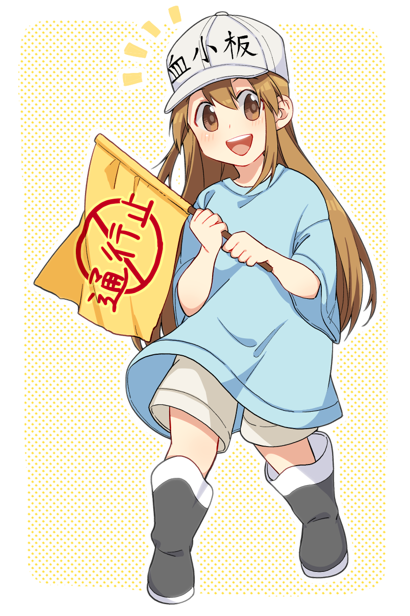 /\/\/\ 1girl baseball_cap blue_shirt border brown_eyes brown_hair brown_shorts child clothes_writing flag flat_cap full_body grey_headwear grey_shorts hat hataraku_saibou highres holding holding_flag light_brown_hair long_hair looking_at_viewer open_mouth oversized_clothes oversized_shirt platelet_(hataraku_saibou) polka_dot polka_dot_background round_teeth shirt short_sleeves shorts smile solo tanaka_io_(craftstudio) teeth upper_teeth white_border