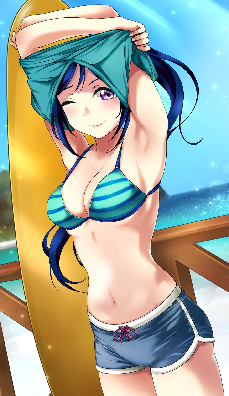 1girl beach bikini blue_hair blue_shorts blue_sky cowboy_shot day dutch_angle highres horizon light_rays long_hair looking_at_viewer love_live! love_live!_sunshine!! matsuura_kanan mountain ocean outdoors ponytail purple_eyes short_shorts shorts sky smile solo solo07450075 standing striped striped_bikini striped_bikini_top sunbeam sunlight surfboard swimsuit undressing