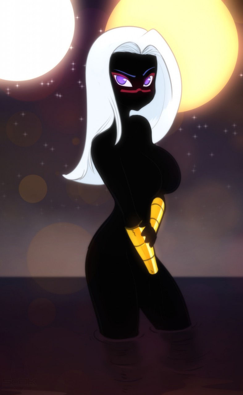 alien black_body black_skin bracelet breasts duck_dodgers female hair hi_res humanoid jewelry martian not_furry nude queen_tyr'ahnee scorpdk solo water white_hair