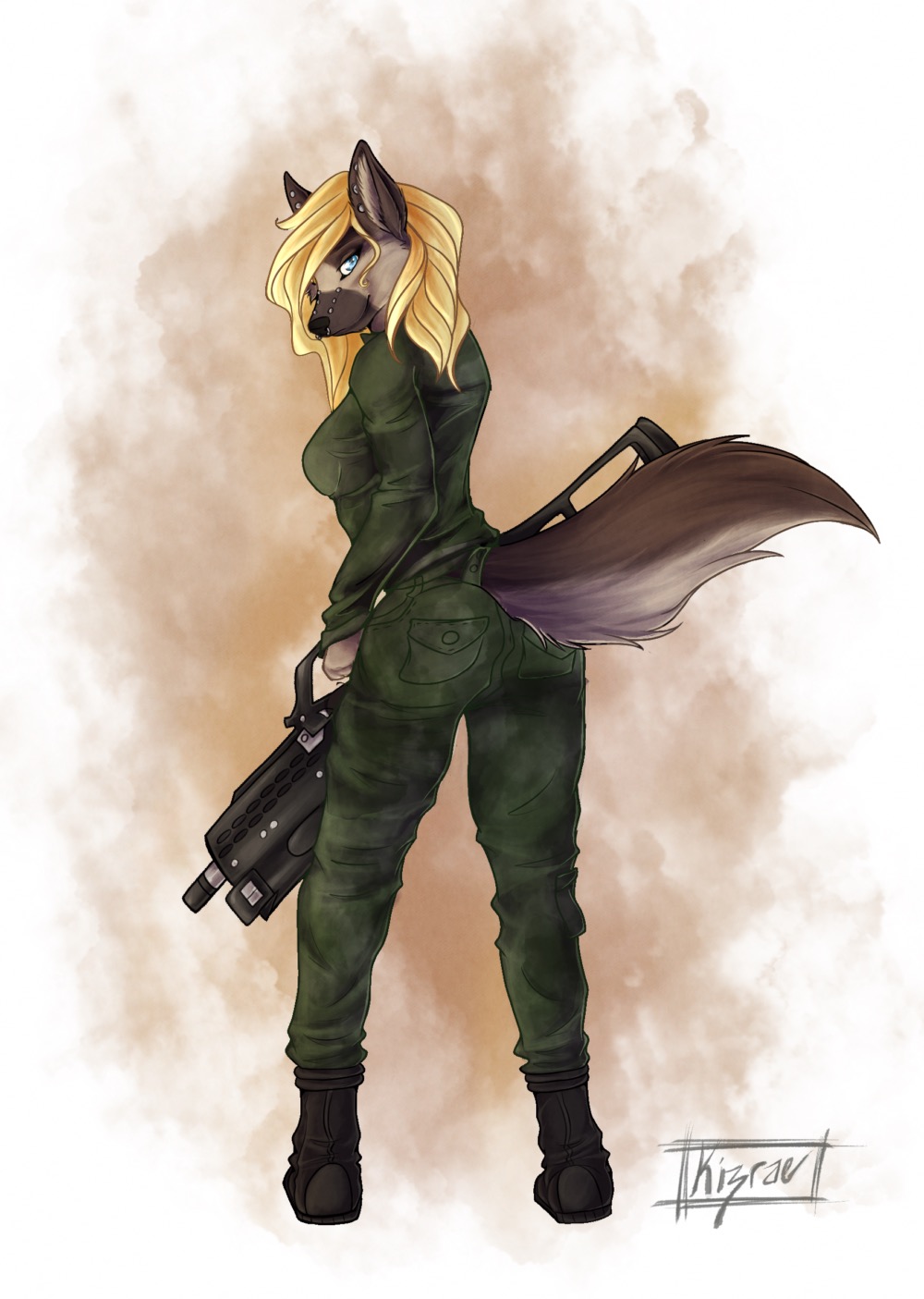 anthro blonde_hair breasts canid canine canis clothed clothing domestic_dog female fully_clothed g36 german german_shepherd glowing glowing_eyes gun hair herding_dog heterochromia hi_res kizrae looking_at_viewer looking_back mammal muscular natasha_klopov pastoral_dog ranged_weapon rear_view simple_background smile solo uniform weapon