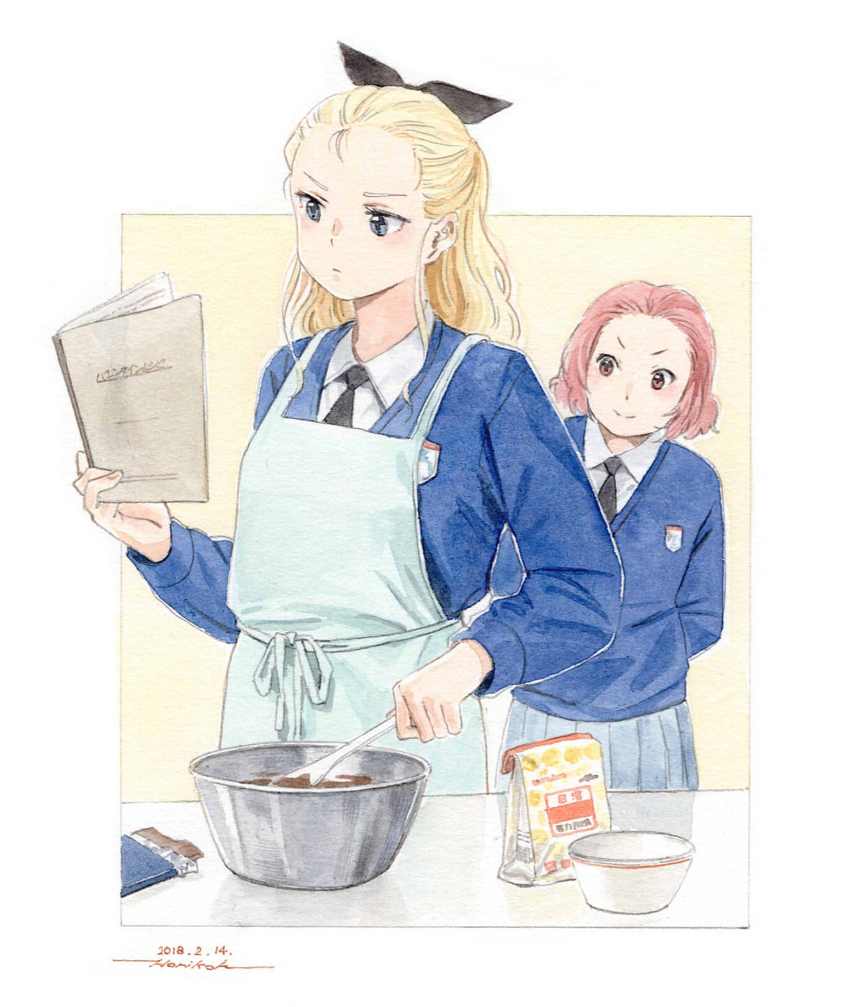 2girls apron arms_behind_back assam black_neckwear black_ribbon blonde_hair blue_apron blue_eyes blue_skirt blue_sweater book bowl brown_eyes chocolate closed_mouth commentary_request cooking dress_shirt emblem frown girls_und_panzer hair_pulled_back hair_ribbon highres holding holding_book holding_spatula horikou leaning_to_the_side long_hair long_sleeves looking_at_another medium_hair multiple_girls necktie outside_border pleated_skirt red_hair ribbon rosehip school_uniform shirt skirt smile spatula st._gloriana's_(emblem) st._gloriana's_school_uniform standing sweater v-neck valentine white_shirt wing_collar