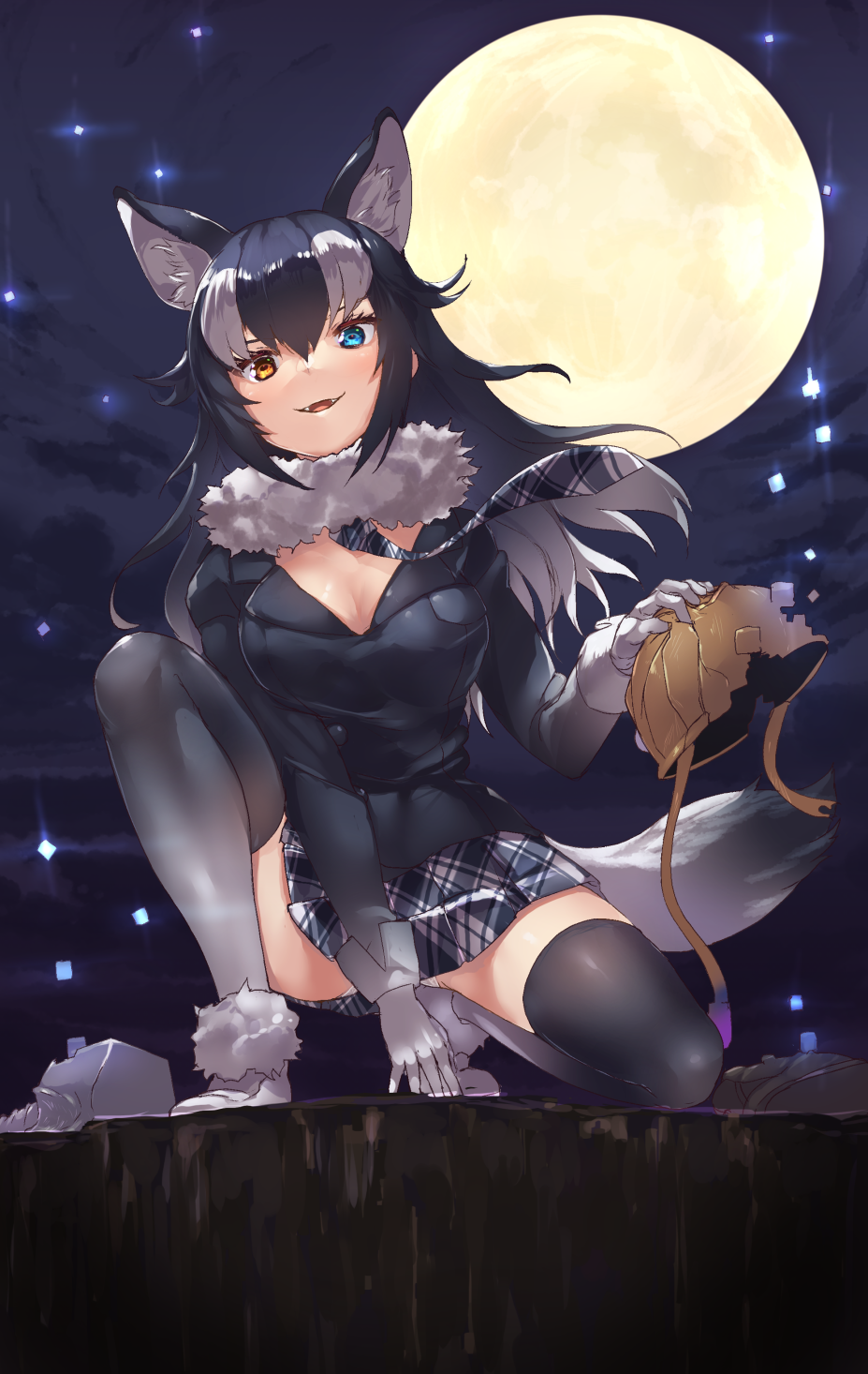 1girl animal_ear_fluff animal_ears blue_eyes cerulean_(kemono_friends) extra_ears eyebrows_visible_through_hair fangs fur_collar fur_trim gloves grey_hair grey_legwear grey_wolf_(kemono_friends) heterochromia highres jacket kemono_friends long_hair long_sleeves multicolored multicolored_clothes multicolored_hair multicolored_legwear necktie open_mouth plaid plaid_neckwear plaid_skirt pleated_skirt shoes silver_hair skirt sleeve_cuffs solo squatting tadano_magu tail thighhighs white_gloves white_hair white_legwear wolf_ears wolf_girl wolf_tail yellow_eyes zettai_ryouiki