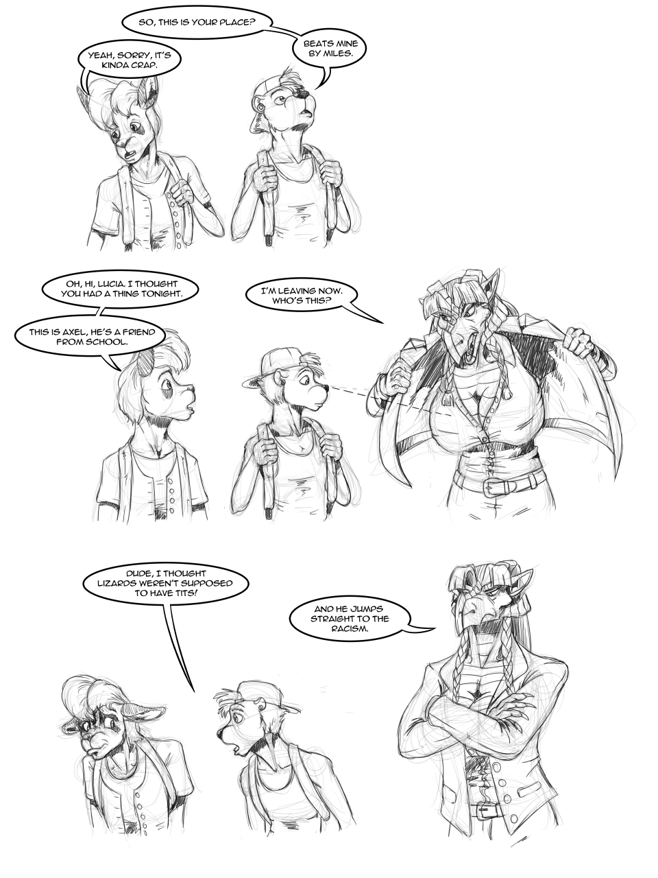 2019 age_difference anthro axel_trent backwards_baseball_cap baseball_cap big_breasts braided braided_hair breasts claws cleavage clothed clothing dialogue digital_media_(artwork) dragon dress_shirt embarrassed english_text female fingers hair hat headgear headwear hi_res horn humor kangaroo levi_west lonewolf_(343) long_hair lucia_traveyne lutrine macropod male mammal marsupial mustelid older_female racism reptile scalie shirt simple_background size_difference sketch speech_bubble suit teenager text topwear vest white_background young younger_male