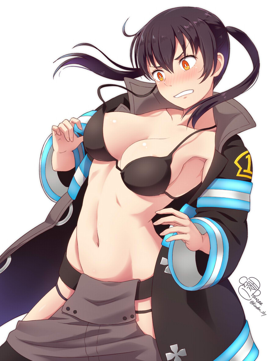 1girl ahoge armpits bikini black_bikini black_bikini_top black_hair blush breasts cleavage coat en'en_no_shouboutai hair_between_eyes kanden_suki long_hair medium_breasts navel open_clothes open_coat orange_eyes signature simple_background solo swimsuit tamaki_kotatsu twintails twitter_username white_background