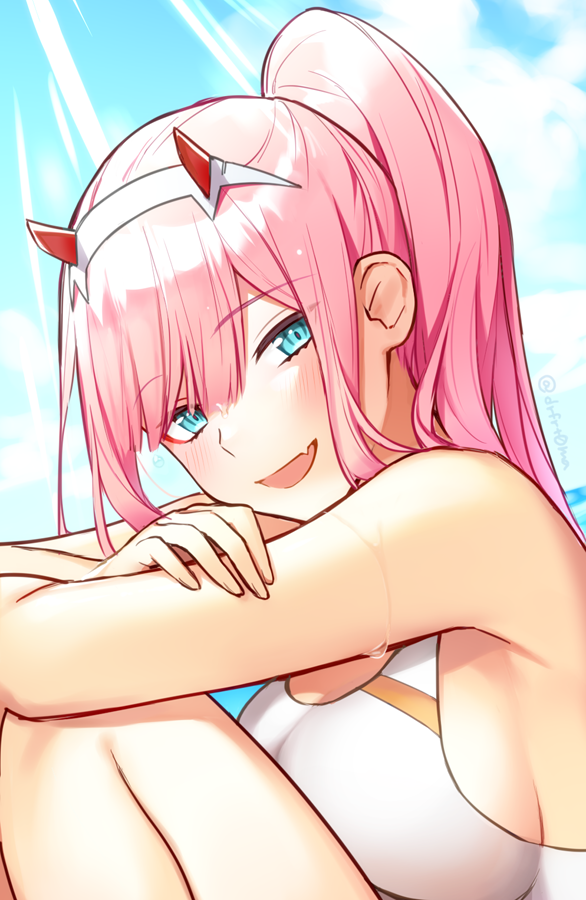 1girl :d bangs blue_sky breasts cloud darling_in_the_franxx day eyebrows_visible_through_hair fang large_breasts light_rays long_hair looking_at_viewer one-piece_swimsuit open_mouth pink_hair ponytail red_horns sitting sky smile solo sunbeam sunlight swimsuit toma_(norishio) white_swimsuit zero_two_(darling_in_the_franxx)