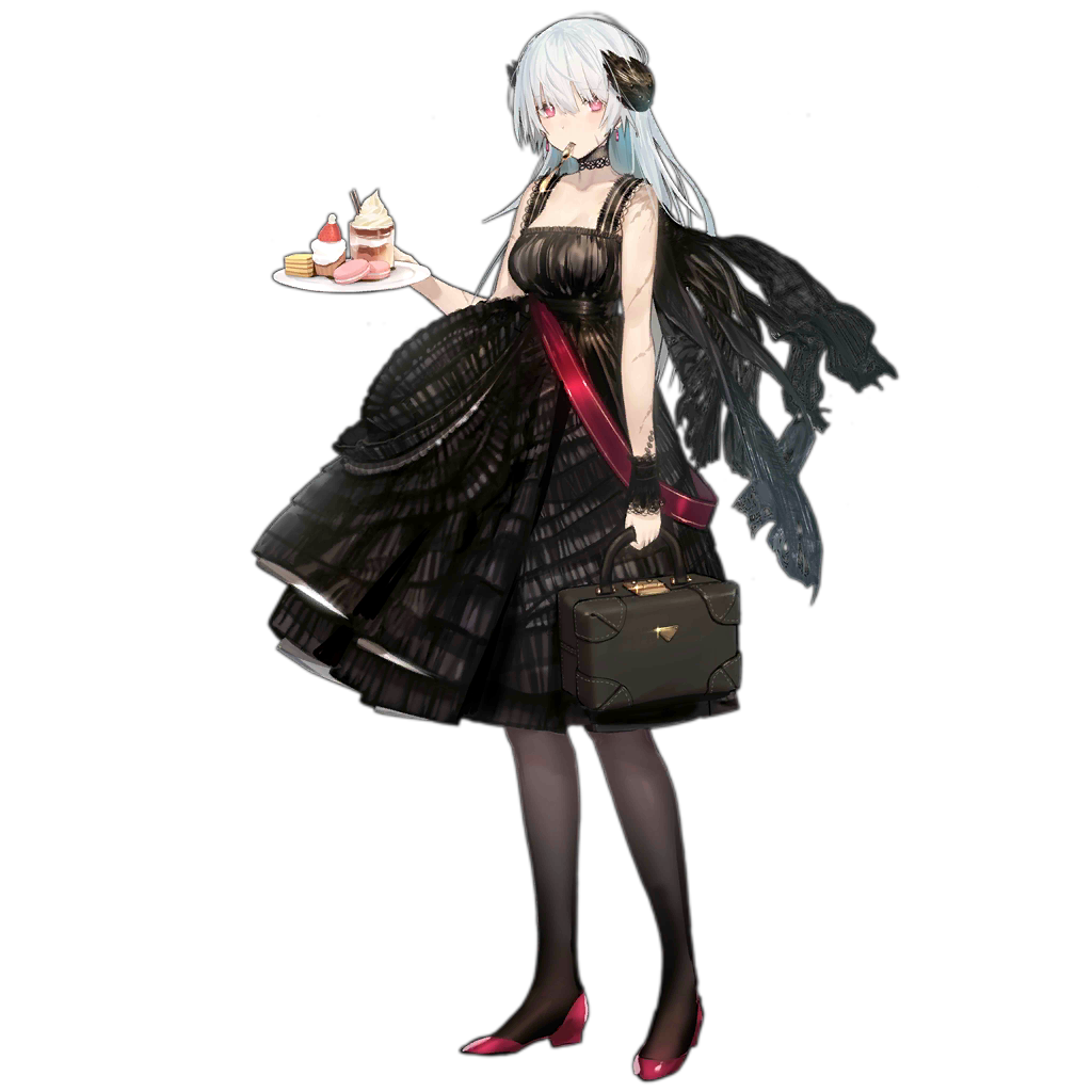 1girl alternate_costume bag black_dress black_legwear black_scarf breasts cake collarbone detached_sleeves dress earrings facial_scar food fork_in_mouth full_body girls_frontline glint gold holding holding_bag holding_tray ice_cream jewelry lace lace-trimmed_dress lace-trimmed_sleeves laurel_crown layered_dress long_hair looking_at_viewer macaron medium_breasts mouth_hold muffin nin official_art pantyhose pink_eyes pumps red_footwear scar scar_on_cheek scarf silver_hair solo sundae thunder_(girls_frontline) transparent_background tray