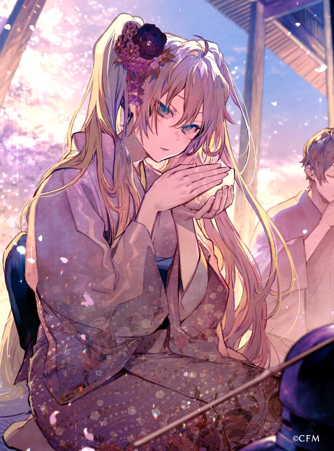 1boy 1girl architecture blue_eyes blue_hair calendar_(medium) cherry_blossoms commentary crypton_future_media cup east_asian_architecture expressionless fan_print floral_print flower hair_flower hair_ornament hands_up hatsune_miku highres holding holding_cup japanese_clothes kaito kimono long_hair looking_at_viewer nozaki_tsubata obi petals rainbow sash seiza short_hair sitting tea_ceremony tree twintails very_long_hair vocaloid
