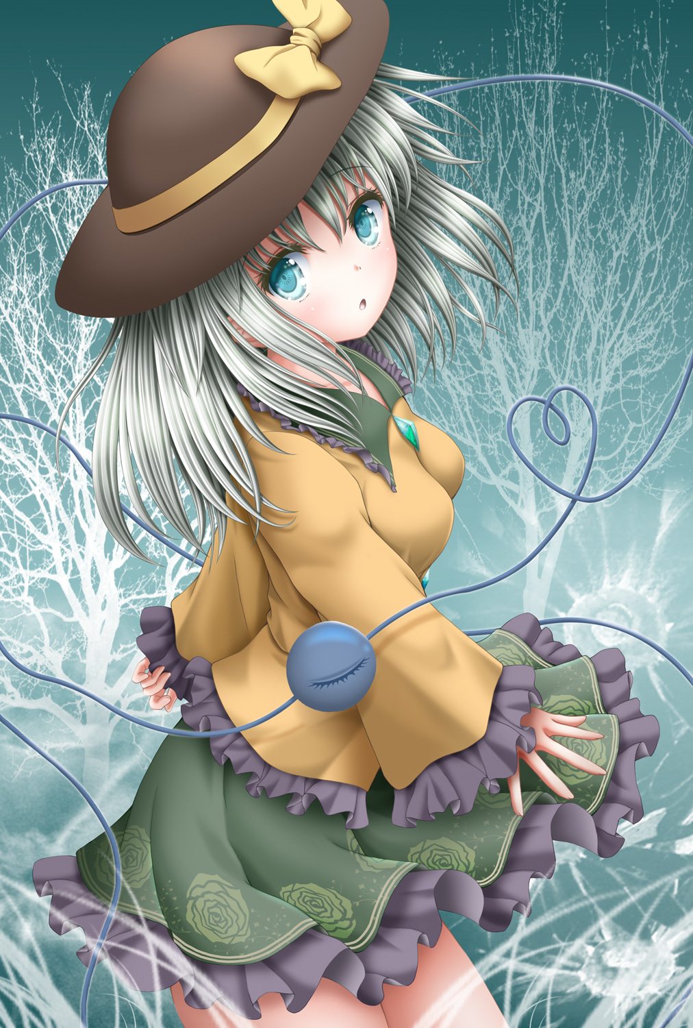 1girl :o akino_irori aqua_hair bare_tree blue_eyes breasts brown_headwear commentary cowboy_shot eyebrows_visible_through_hair frilled_sleeves frills from_above from_side grass green_skirt hat hat_ribbon heart heart_of_string highres komeiji_koishi long_sleeves looking_at_viewer medium_breasts negative petticoat ribbon shirt short_hair skirt sleeves_past_wrists solo standing third_eye touhou tree yellow_shirt