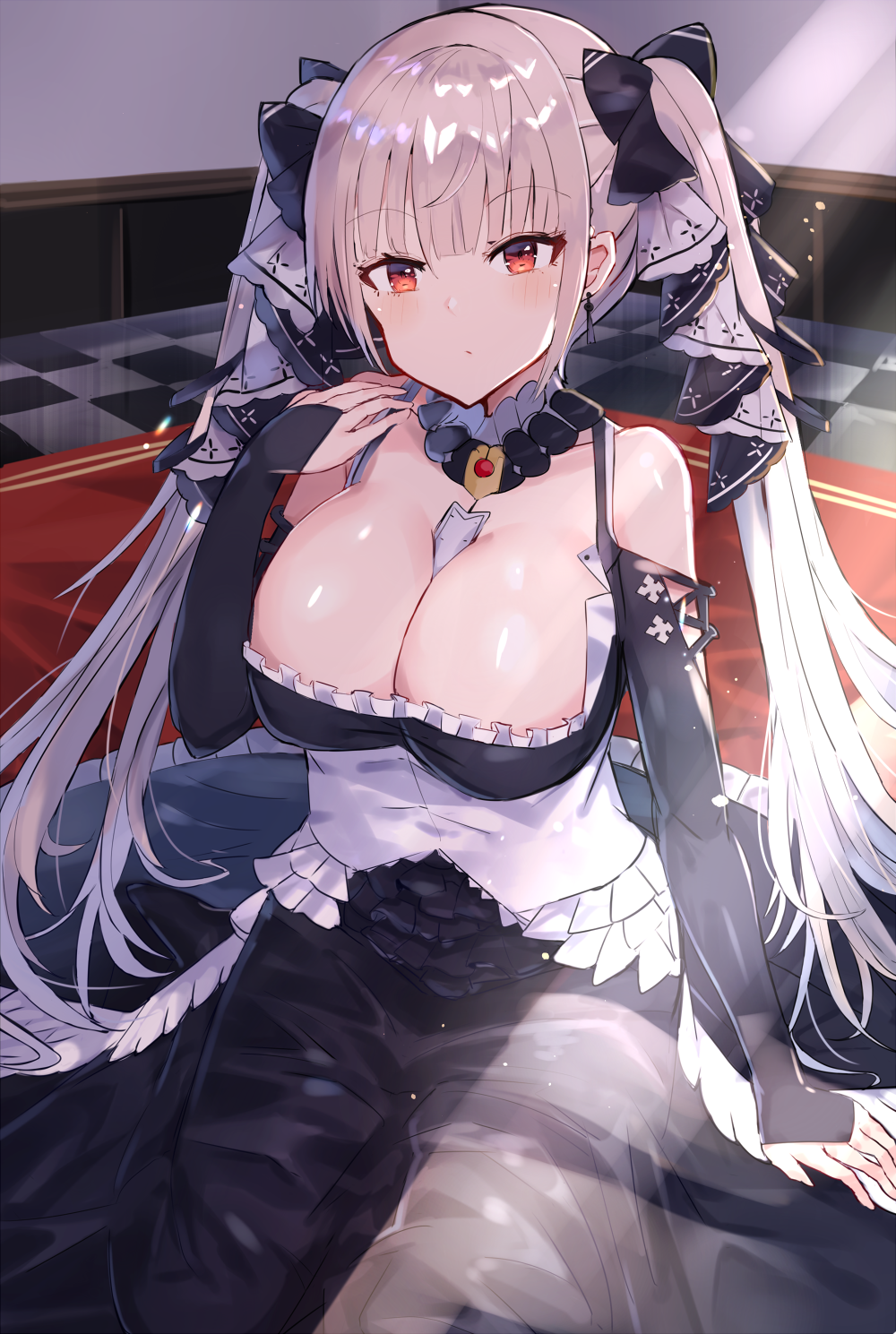1girl azur_lane bare_shoulders between_breasts black_dress bow breasts checkered checkered_floor cleavage commentary_request detached_collar dress earrings formidable_(azur_lane) frilled_dress frills hair_bow hand_up highres indoors jewelry large_breasts light_rays long_dress long_hair long_sleeves looking_at_viewer mat on_floor red_eyes reflective_floor sidelocks silver_hair sitting solo twintails very_long_hair xenonstriker