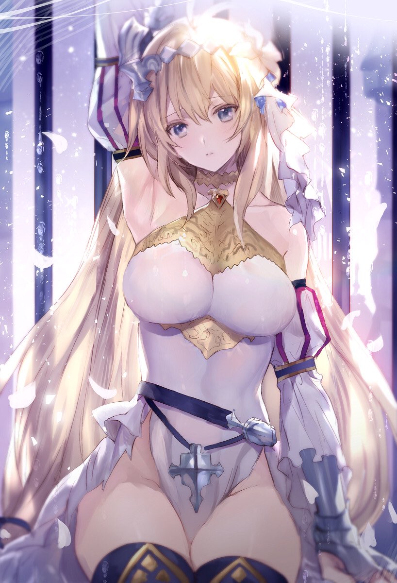 1girl ahoge arm_up armpits bare_shoulders belt blonde_hair blue_eyes breasts choker collarbone covered_navel detached_sleeves doushite eyebrows_visible_through_hair gauntlets granblue_fantasy hair_ornament highres impossible_clothes jeanne_d'arc_(granblue_fantasy) large_breasts long_hair petals sitting solo thighhighs