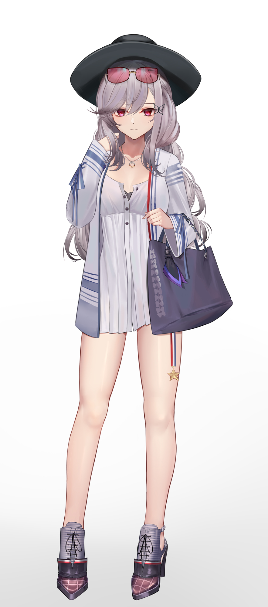 1girl azur_lane bag black_headwear butterfly_hair_ornament collarbone dress dunkerque_(afternoon_aphrodite)_(azur_lane) dunkerque_(azur_lane) eternity_(pixiv8012826) eyebrows_visible_through_hair eyewear_on_head grey_hair hair_between_eyes hair_ornament handbag hat high_heels highres jacket jewelry light_smile long_hair long_legs looking_at_viewer necklace open_clothes open_jacket purple_eyes short_dress simple_background solo wavy_hair white_background white_dress white_jacket