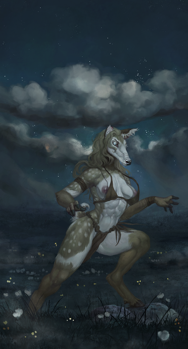 2019 4_toes 5_fingers areola breasts brown_body brown_fur cervid detailed_background digital_media_(artwork) fingers fur hi_res mammal night nipples outside raventenebris sky star starry_sky toes