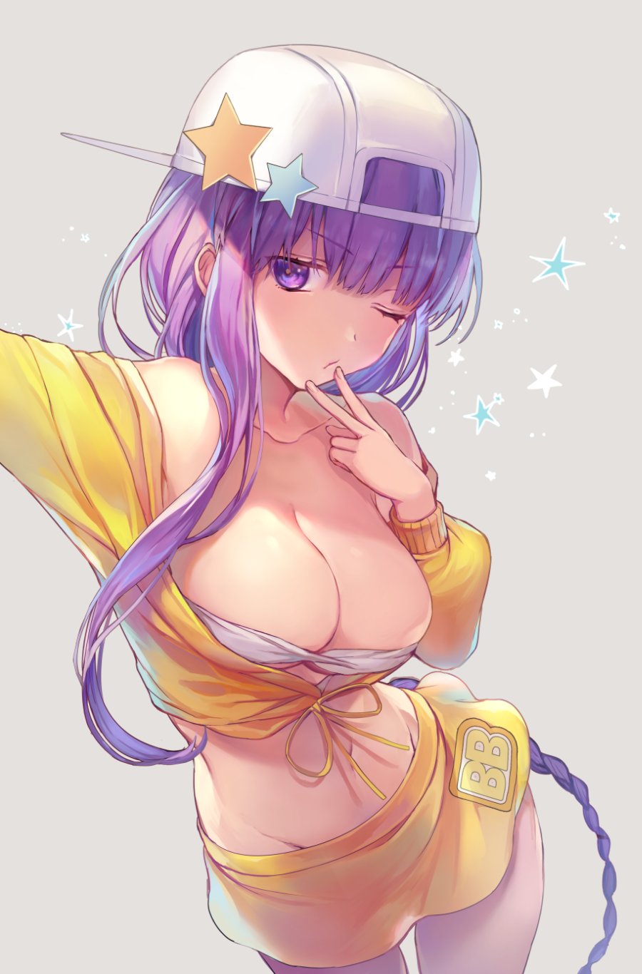 asymmetrical_hair backwards_hat bandeau bangs bare_shoulders baseball_cap bb_(fate)_(all) bb_(swimsuit_mooncancer)_(fate) blush braid breasts cleavage collarbone fate/grand_order fate_(series) fingers_to_chin hat highres jacket long_hair looking_at_viewer navel off_shoulder one_eye_closed open_mouth outstretched_arm purple_eyes purple_hair self_shot single_braid skirt solo star_hat_ornament thighs very_long_hair vivivivi white_headwear yellow_jacket yellow_skirt