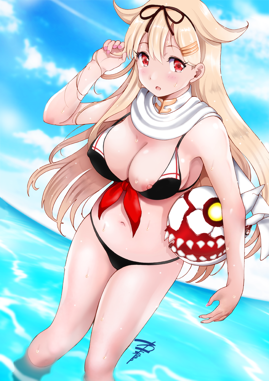 1girl bikini black_bikini blonde_hair blush breasts cameltoe cleavage commentary_request day front-tie_top hair_flaps hair_ornament hair_ribbon hairclip highres kantai_collection large_breasts long_hair looking_at_viewer navel nipple_slip nipples ocean outdoors pink_nails red_eyes remodel_(kantai_collection) ribbon sailor_bikini sailor_collar scarf skindentation solo standing swimsuit wading water wet white_scarf yamasaki_wataru yuudachi_(kantai_collection)
