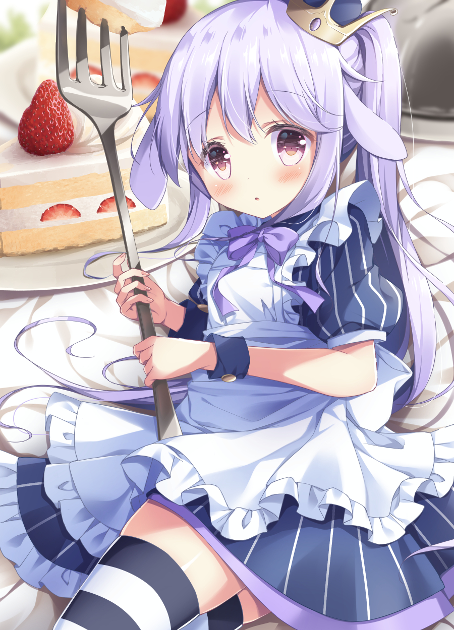 1girl :o animal_ears apron bangs blue_dress blush bow bunny_ears cake commentary_request crown dress eyebrows_visible_through_hair fingernails food fork frilled_apron frills fruit highres holding holding_fork long_hair maid_apron mini_crown minigirl nail_polish original parted_lips pink_nails puffy_short_sleeves puffy_sleeves purple_bow purple_eyes purple_hair satsuki_yukimi saucer short_sleeves slice_of_cake solo strawberry strawberry_shortcake striped striped_legwear thighhighs tilted_headwear twintails vertical-striped_dress vertical_stripes very_long_hair white_apron wrist_cuffs